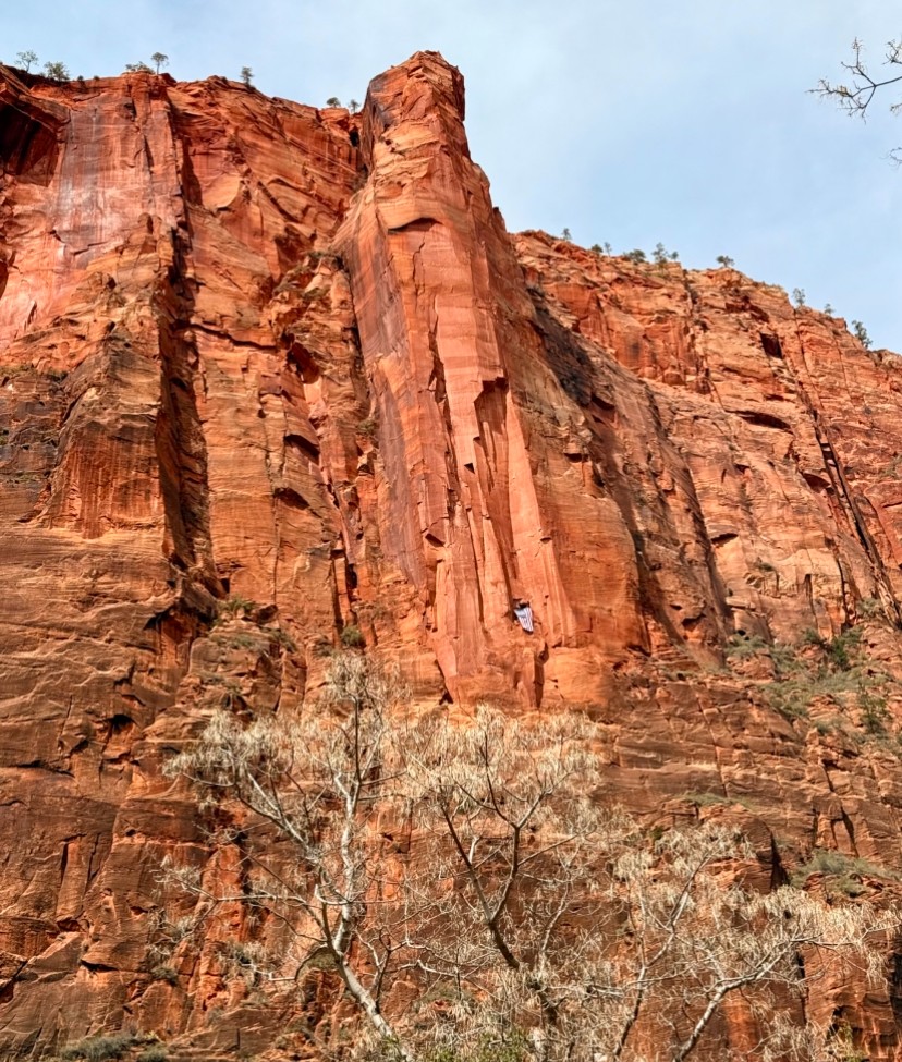 View from the ground of the Evermore response to American flag protests down below.